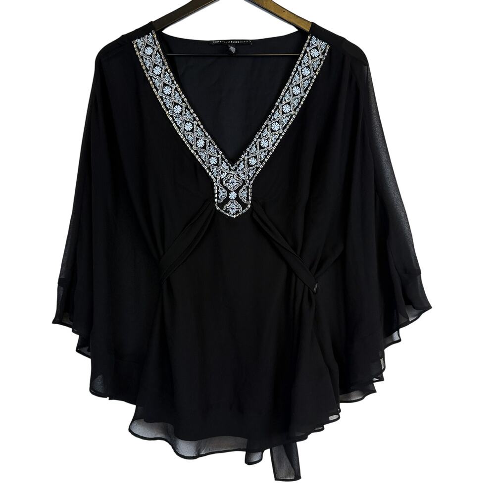 White House Black Market Chiffon Poncho Belted VNeck Blouse Bat Wing - L - Picture 1 of 9
